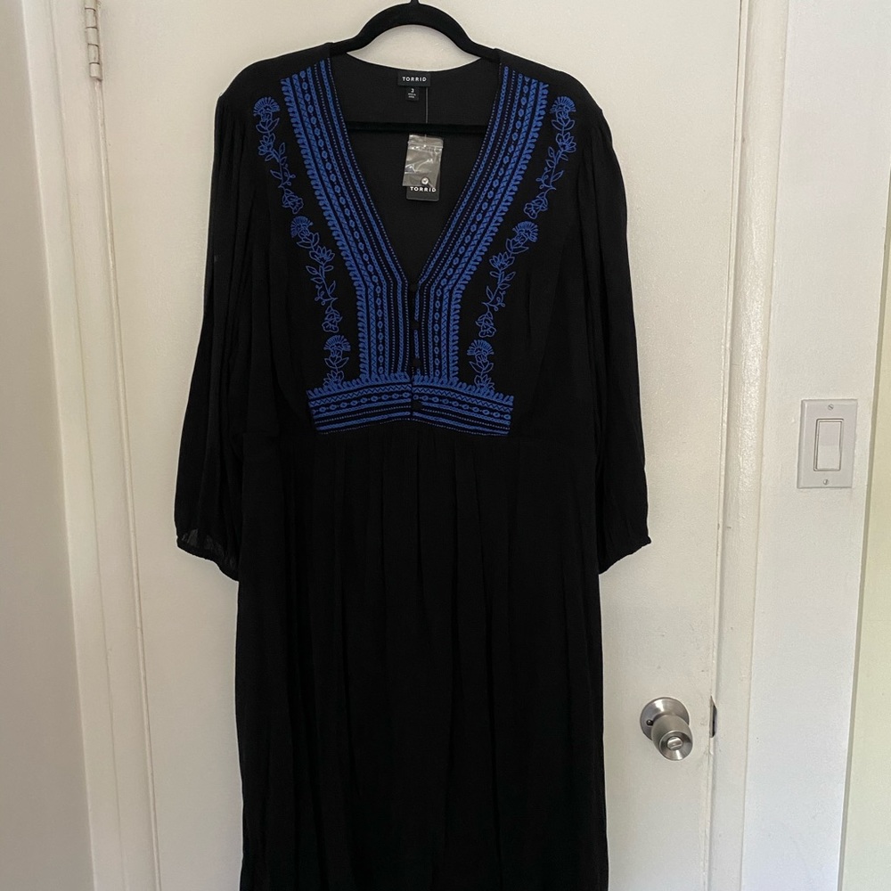 Torrid Black with Blue embroidery peasant dress